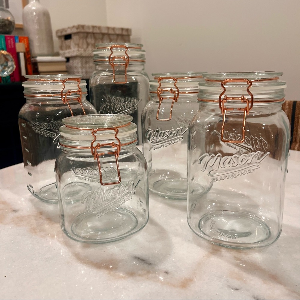 Set of Mason Clear Glass Jars with Copper/Rose Gold Lids Food Storage